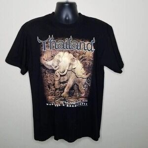 JOLIGOLF Thailand Elephant Wood Carving Graphic T-Shirt Men's Black Cotton Size